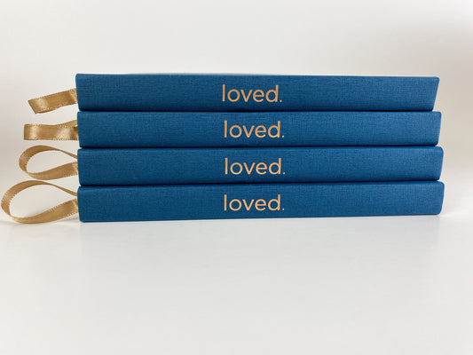 Striking, High Quality, Deep blue journal with textured cover and copper stamped "Loved" in lower right corner. Journal, Keepsake, Unique Gift